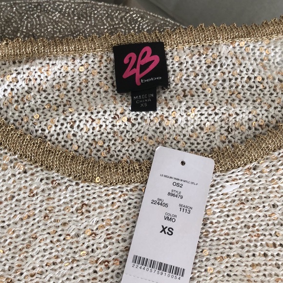 2b Bebe gold metallic ivory tunic knit sweater XS NWT - Picture 4 of 4